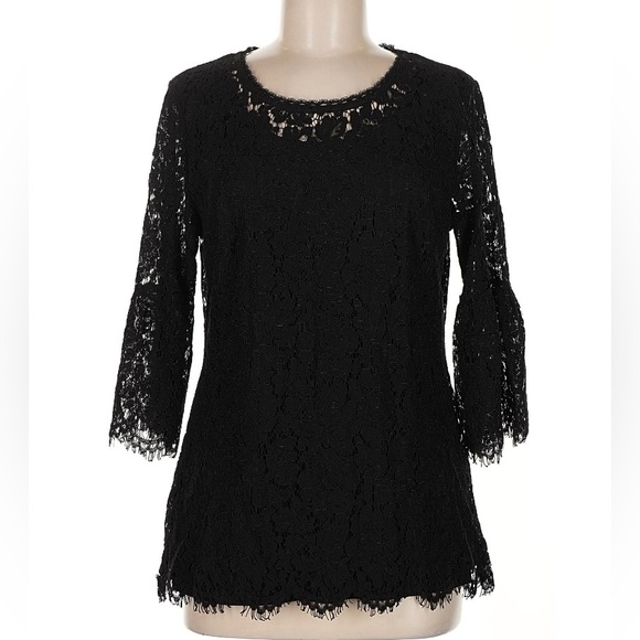 Isaac Mizrahi Black Lace Bell Sleeve Top -Perfect for Any Occasion - Picture 1 of 10
